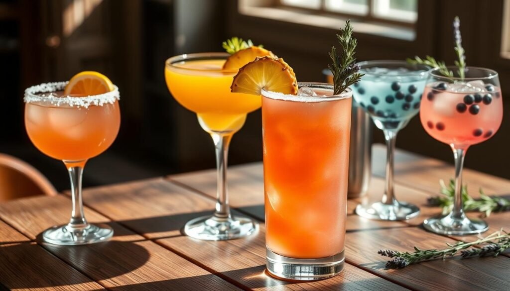 Elegant margarita variations set on a rustic wooden table. Foreground displays a classic salted-rimmed glass filled with vibrant pink grapefruit margarita, garnished with a lime wedge. Middle ground showcases a tropical mango margarita in a tall glass, adorned with a pineapple slice. Background features a blueberry-lavender margarita in a stemless wine glass, alongside a silver shaker and fresh herbs. Soft natural lighting casts a warm glow, highlighting the distinct colors and textures of each unique cocktail. The overall scene exudes a refined, yet refreshing atmosphere befitting a sophisticated take on the traditional margarita. Elegant margarita variations set on a rustic wooden table. Foreground displays a classic salted-rimmed glass filled with vibrant pink grapefruit margarita, garnished with a lime wedge. Middle ground showcases a tropical mango margarita in a tall glass, adorned with a pineapple slice. Background features a blueberry-lavender margarita in a stemless wine glass, alongside a silver shaker and fresh herbs. Soft natural lighting casts a warm glow, highlighting the distinct colors and textures of each unique cocktail. The overall scene exudes a refined, yet refreshing atmosphere befitting a sophisticated take on the traditional margarita.