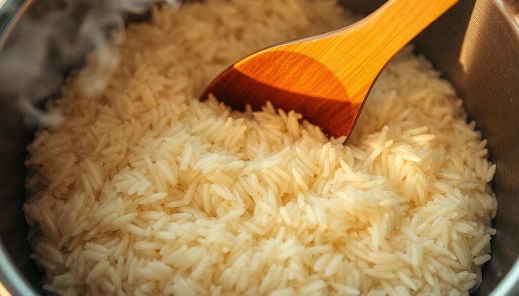 Fluffy, fragrant rice simmering in a deep pot, steam gently rising. Slender grains cling together, their surface glistening with butter. Rhythmic stirring, a wooden spoon gliding through the tender morsels. Overhead lighting casts warm shadows, highlighting the intricacies of the cooking process. The scene exudes a sense of care and attention, as if capturing the perfect moment of culinary mastery. A tranquil, almost meditative atmosphere pervades the frame, inviting the viewer to appreciate the nuanced technique of preparing this classic dish. Fluffy, fragrant rice simmering in a deep pot, steam gently rising. Slender grains cling together, their surface glistening with butter. Rhythmic stirring, a wooden spoon gliding through the tender morsels. Overhead lighting casts warm shadows, highlighting the intricacies of the cooking process. The scene exudes a sense of care and attention, as if capturing the perfect moment of culinary mastery. A tranquil, almost meditative atmosphere pervades the frame, inviting the viewer to appreciate the nuanced technique of preparing this classic dish.