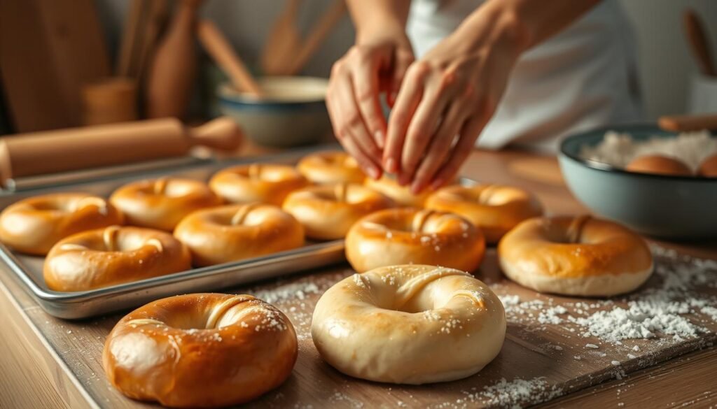 Freshly baked bagels, their golden crusts glistening under warm studio lighting. A tray of bagels, freshly pulled from the oven, sits on a wooden countertop. The inviting aroma of freshly baked dough fills the air. In the foreground, a pair of deft hands delicately arranging the bagels, their fingers expertly shaping and twisting the dough. The middle ground showcases the process, with a rolling pin, a bowl of flour, and other baking tools arranged neatly. The background is softly blurred, allowing the focus to remain on the baking process. An atmosphere of homemade comfort and culinary mastery pervades the scene. Freshly baked bagels, their golden crusts glistening under warm studio lighting. A tray of bagels, freshly pulled from the oven, sits on a wooden countertop. The inviting aroma of freshly baked dough fills the air. In the foreground, a pair of deft hands delicately arranging the bagels, their fingers expertly shaping and twisting the dough. The middle ground showcases the process, with a rolling pin, a bowl of flour, and other baking tools arranged neatly. The background is softly blurred, allowing the focus to remain on the baking process. An atmosphere of homemade comfort and culinary mastery pervades the scene.