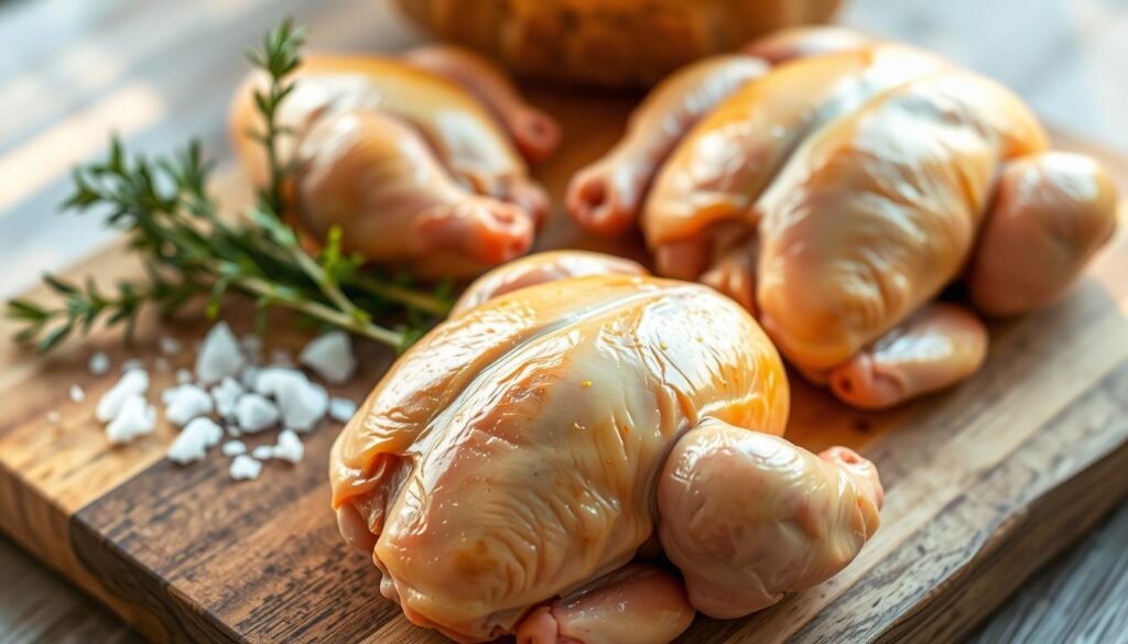 Freshly prepared Cornish hens, their delicate skin glistening under warm, natural lighting. The birds are arranged on a rustic wooden cutting board, complemented by sprigs of rosemary and a scattering of sea salt crystals. In the foreground, the hens' golden-brown skin is highlighted, inviting the viewer to imagine the tender, juicy meat beneath. The background is softly blurred, keeping the focus on the vibrant, appetizing subject. Captured with a shallow depth of field and a 50mm lens, this image conveys an intimate, homemade aesthetic, perfectly suited to illustrate the "Ingredients You Will Need" section of the "Decadent Homemade Chocolate Ganache" article. Freshly prepared Cornish hens, their delicate skin glistening under warm, natural lighting. The birds are arranged on a rustic wooden cutting board, complemented by sprigs of rosemary and a scattering of sea salt crystals. In the foreground, the hens' golden-brown skin is highlighted, inviting the viewer to imagine the tender, juicy meat beneath. The background is softly blurred, keeping the focus on the vibrant, appetizing subject. Captured with a shallow depth of field and a 50mm lens, this image conveys an intimate, homemade aesthetic, perfectly suited to illustrate the "Ingredients You Will Need" section of the "Decadent Homemade Chocolate Ganache" article.