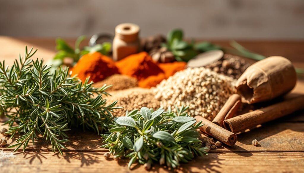 Herbs and spices arranged on a rustic wooden table, casting warm shadows in soft, natural lighting. In the foreground, a blend of fragrant rosemary, thyme, and sage, their textures and colors complementing the earthy tones of the background. In the middle ground, a variety of whole and ground spices, including cumin, paprika, and cinnamon, creating a vibrant palette. The background features a neutral, slightly out-of-focus backdrop, allowing the aromatic elements to take center stage, evoking the comforting flavors of a homemade squash casserole. Herbs and spices arranged on a rustic wooden table, casting warm shadows in soft, natural lighting. In the foreground, a blend of fragrant rosemary, thyme, and sage, their textures and colors complementing the earthy tones of the background. In the middle ground, a variety of whole and ground spices, including cumin, paprika, and cinnamon, creating a vibrant palette. The background features a neutral, slightly out-of-focus backdrop, allowing the aromatic elements to take center stage, evoking the comforting flavors of a homemade squash casserole.