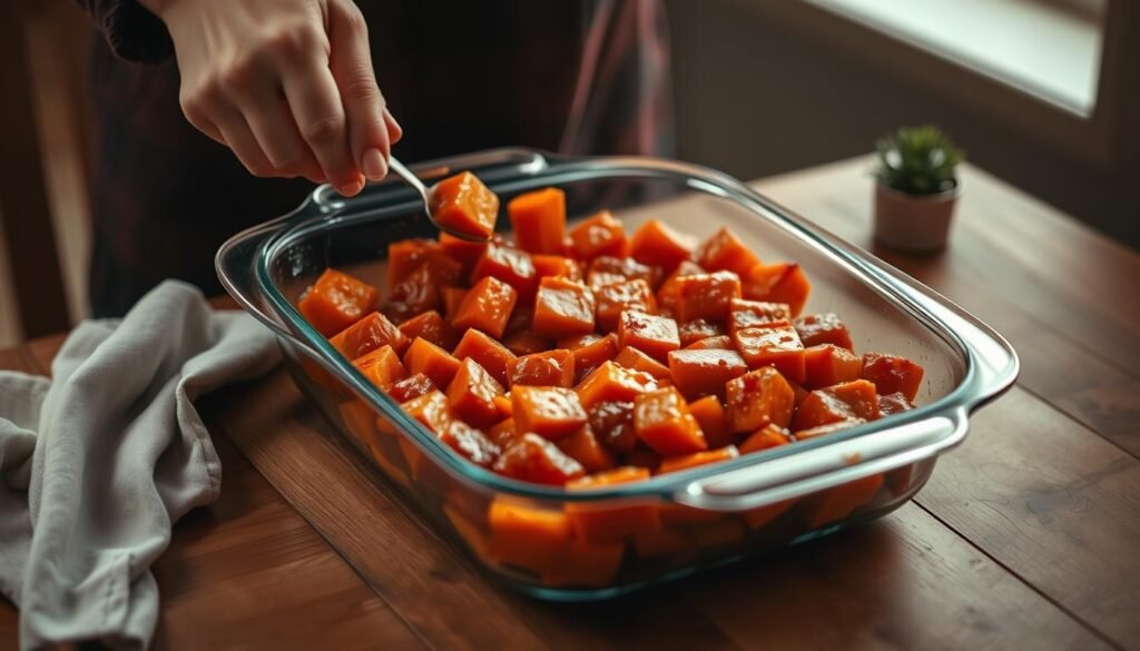 High-quality photograph of a person reheating candied yams in a glass baking dish, set on a wooden table. The yams are glistening and caramelized, with a vibrant orange color. Warm, soft lighting from above casts a cozy glow, highlighting the rich texture and aroma of the dish. The table is styled with a minimalist, rustic aesthetic, perhaps a linen napkin or small potted plant nearby. The image conveys the comforting, homemade feel of preparing a classic Thanksgiving side dish in advance. High-quality photograph of a person reheating candied yams in a glass baking dish, set on a wooden table. The yams are glistening and caramelized, with a vibrant orange color. Warm, soft lighting from above casts a cozy glow, highlighting the rich texture and aroma of the dish. The table is styled with a minimalist, rustic aesthetic, perhaps a linen napkin or small potted plant nearby. The image conveys the comforting, homemade feel of preparing a classic Thanksgiving side dish in advance.