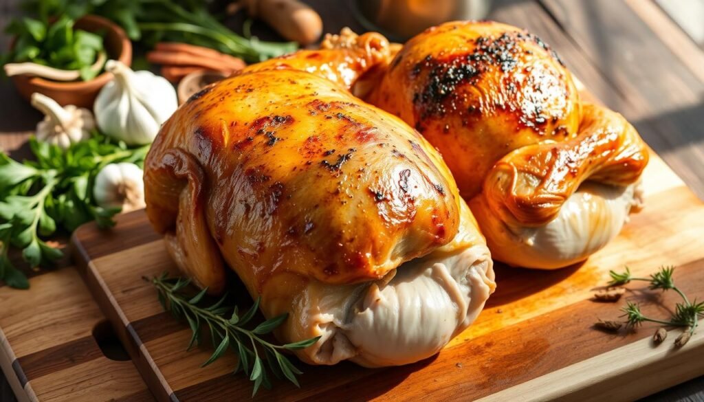 High-quality photograph of two perfectly roasted Cornish hens, golden-brown skin glistening, placed on a rustic wooden cutting board. In the background, an array of fresh herbs, garlic, and spices are artfully arranged, hinting at the aromatic seasonings used. Warm, natural lighting casts gentle shadows, creating a cozy, inviting atmosphere. The overall composition emphasizes the succulent, tender meat and the care taken in preparing this classic, comforting dish. A sense of culinary expertise and attention to detail is conveyed, inspiring the viewer to explore the "Cooking Times and Tempting Tips" section of the article. High-quality photograph of two perfectly roasted Cornish hens, golden-brown skin glistening, placed on a rustic wooden cutting board. In the background, an array of fresh herbs, garlic, and spices are artfully arranged, hinting at the aromatic seasonings used. Warm, natural lighting casts gentle shadows, creating a cozy, inviting atmosphere. The overall composition emphasizes the succulent, tender meat and the care taken in preparing this classic, comforting dish. A sense of culinary expertise and attention to detail is conveyed, inspiring the viewer to explore the "Cooking Times and Tempting Tips" section of the article.