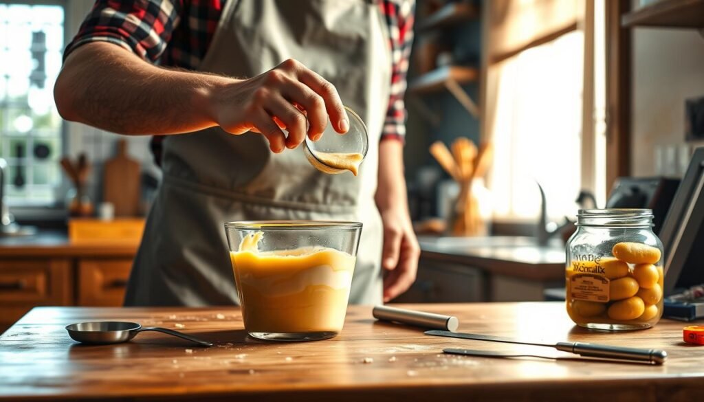 High-resolution, detailed, and realistic image of a person making Big Mac sauce in a kitchen. The scene is brightly lit with natural sunlight coming through a window, creating a warm and inviting atmosphere. The person is standing at a wooden kitchen counter, wearing an apron, and carefully measuring and mixing the ingredients for the signature Big Mac sauce, including mayonnaise, sweet pickle relish, yellow mustard, white vinegar, garlic powder, and onion powder. The counter is cluttered with various cooking utensils and tools, and there is a glass jar of pickles in the background. The overall composition conveys a sense of precision and attention to detail in the sauce-making process. High-resolution, detailed, and realistic image of a person making Big Mac sauce in a kitchen. The scene is brightly lit with natural sunlight coming through a window, creating a warm and inviting atmosphere. The person is standing at a wooden kitchen counter, wearing an apron, and carefully measuring and mixing the ingredients for the signature Big Mac sauce, including mayonnaise, sweet pickle relish, yellow mustard, white vinegar, garlic powder, and onion powder. The counter is cluttered with various cooking utensils and tools, and there is a glass jar of pickles in the background. The overall composition conveys a sense of precision and attention to detail in the sauce-making process.