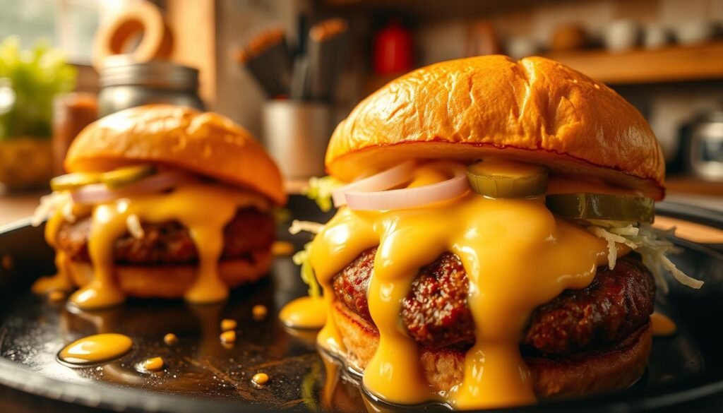 Homemade burgers drizzled with thick, creamy Big Mac sauce, glistening in the soft light of a warm kitchen. The patties sizzle on a cast-iron skillet, their edges crisped to perfection. Freshly chopped onions, pickles, and shredded lettuce adorn the buns, creating a vibrant contrast. The scene is captured through a wide-angle lens, emphasizing the inviting, comforting atmosphere. The image exudes a mouthwatering, homemade quality, beckoning the viewer to dive in and savor the flavors of this creative take on a classic fast-food staple. Homemade burgers drizzled with thick, creamy Big Mac sauce, glistening in the soft light of a warm kitchen. The patties sizzle on a cast-iron skillet, their edges crisped to perfection. Freshly chopped onions, pickles, and shredded lettuce adorn the buns, creating a vibrant contrast. The scene is captured through a wide-angle lens, emphasizing the inviting, comforting atmosphere. The image exudes a mouthwatering, homemade quality, beckoning the viewer to dive in and savor the flavors of this creative take on a classic fast-food staple.