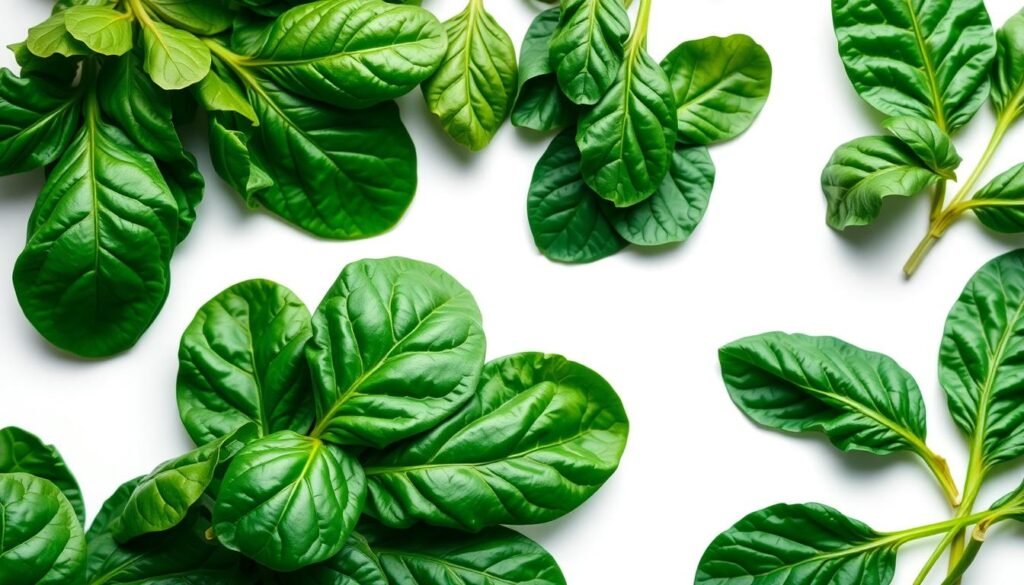 Lush green spinach leaves, vibrant and glistening, arranged artfully against a clean, white background. Soft, even lighting illuminates the intricate textures and vibrant hues, drawing the viewer's attention to the nutritional powerhouse. In the foreground, a selection of the vitamin-packed leaves, their deep green tones complemented by the subtle shadows cast by a low-angle camera perspective. The mid-ground features a scattering of whole spinach leaves, highlighting their delicate, fan-like structures and the crisp details of their veins and stems. The background fades to a clean, minimalist white, allowing the spinach to take center stage and showcase its bountiful health benefits. Lush green spinach leaves, vibrant and glistening, arranged artfully against a clean, white background. Soft, even lighting illuminates the intricate textures and vibrant hues, drawing the viewer's attention to the nutritional powerhouse. In the foreground, a selection of the vitamin-packed leaves, their deep green tones complemented by the subtle shadows cast by a low-angle camera perspective. The mid-ground features a scattering of whole spinach leaves, highlighting their delicate, fan-like structures and the crisp details of their veins and stems. The background fades to a clean, minimalist white, allowing the spinach to take center stage and showcase its bountiful health benefits.