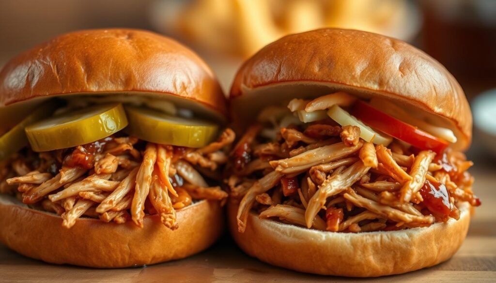 Mouthwatering shredded chicken BBQ sandwiches nestled between soft, lightly toasted brioche buns. The chicken is tender and glistening, coated in a tangy, smoky barbecue sauce. Crisp pickles and creamy coleslaw add refreshing contrast. Warm ambient lighting casts a golden glow, highlighting the delectable textures and flavors. Expertly framed in a classic close-up, the sandwiches take center stage, inviting the viewer to take a satisfying bite. The scene exudes a comforting, homemade feel, perfectly capturing the essence of a flavorful, irresistible dish. Mouthwatering shredded chicken BBQ sandwiches nestled between soft, lightly toasted brioche buns. The chicken is tender and glistening, coated in a tangy, smoky barbecue sauce. Crisp pickles and creamy coleslaw add refreshing contrast. Warm ambient lighting casts a golden glow, highlighting the delectable textures and flavors. Expertly framed in a classic close-up, the sandwiches take center stage, inviting the viewer to take a satisfying bite. The scene exudes a comforting, homemade feel, perfectly capturing the essence of a flavorful, irresistible dish.