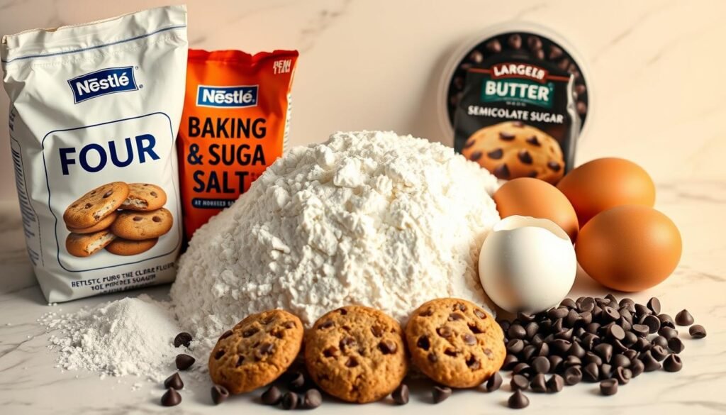 Perfectly lit, detailed arrangement of essential ingredients for classic Nestle Chocolate Chip Cookies: a pile of all-purpose flour, granulated sugar, brown sugar, baking soda, salt, unsalted butter, large eggs, and semisweet chocolate chips. The ingredients are neatly laid out on a white marble countertop, with a warm, golden lighting illuminating the scene. The composition is balanced and visually appealing, with the ingredients forming a cohesive still life. The overall mood is warm, inviting, and ready to inspire baking. Perfectly lit, detailed arrangement of essential ingredients for classic Nestle Chocolate Chip Cookies: a pile of all-purpose flour, granulated sugar, brown sugar, baking soda, salt, unsalted butter, large eggs, and semisweet chocolate chips. The ingredients are neatly laid out on a white marble countertop, with a warm, golden lighting illuminating the scene. The composition is balanced and visually appealing, with the ingredients forming a cohesive still life. The overall mood is warm, inviting, and ready to inspire baking.