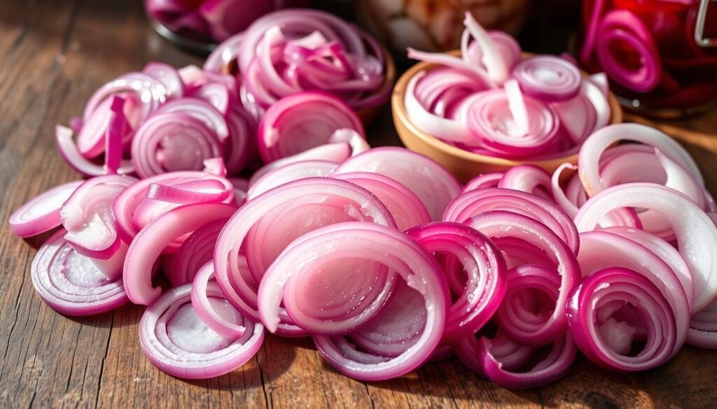 Pickled onion variations on a rustic wooden table, with a variety of colors and sizes - from pearl-sized to wedge-shaped, in shades of deep purple, vibrant red, and pale pink. Natural lighting casts soft shadows, highlighting the glistening texture of the sliced onions. An assortment of glass jars or ceramic bowls showcases the different pickling methods, from classic vinegar-based to more adventurous combinations with herbs, spices, and citrus. The overall mood is warm, inviting, and focused on the artisanal, homemade qualities of these versatile pickled onion creations.