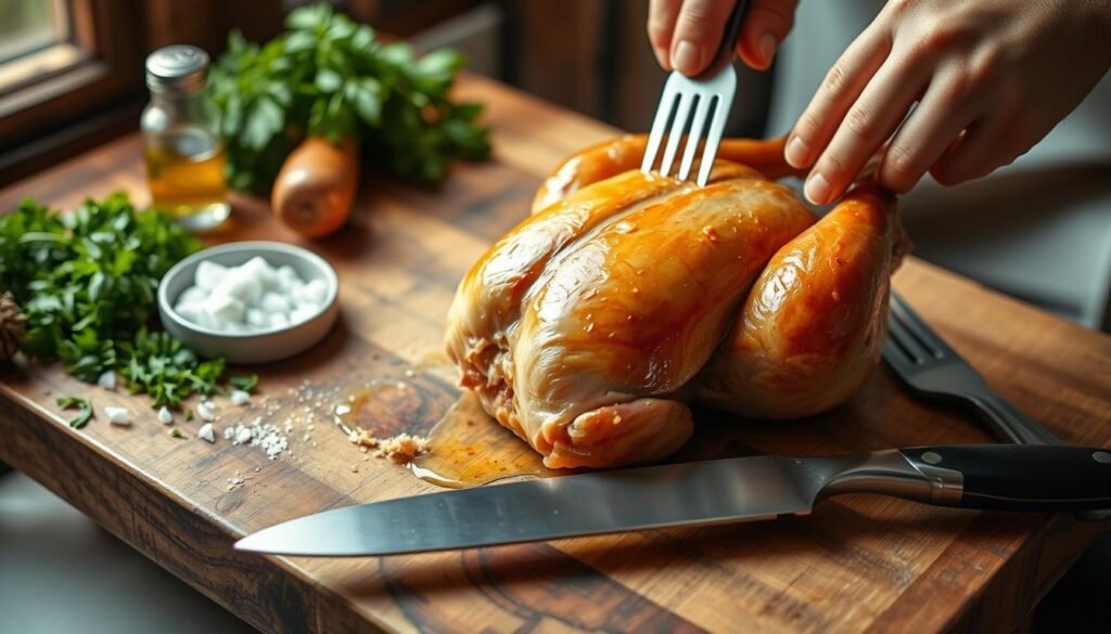 Preparing a succulent Cornish Hen on a rustic wooden table, with a gleaming stainless steel knife and fork arranged neatly beside it. The hen is glistening with a golden-brown skin, its delicate meat ready to be expertly carved. Soft natural light filters through a nearby window, casting a warm, inviting glow over the scene. Freshly chopped herbs, a sprinkle of sea salt, and a drizzle of fragrant olive oil complete the mise en place, hinting at the flavorful preparation to come. The atmosphere is one of culinary anticipation, inviting the viewer to imagine the satisfying meal that will soon unfold. Preparing a succulent Cornish Hen on a rustic wooden table, with a gleaming stainless steel knife and fork arranged neatly beside it. The hen is glistening with a golden-brown skin, its delicate meat ready to be expertly carved. Soft natural light filters through a nearby window, casting a warm, inviting glow over the scene. Freshly chopped herbs, a sprinkle of sea salt, and a drizzle of fragrant olive oil complete the mise en place, hinting at the flavorful preparation to come. The atmosphere is one of culinary anticipation, inviting the viewer to imagine the satisfying meal that will soon unfold.