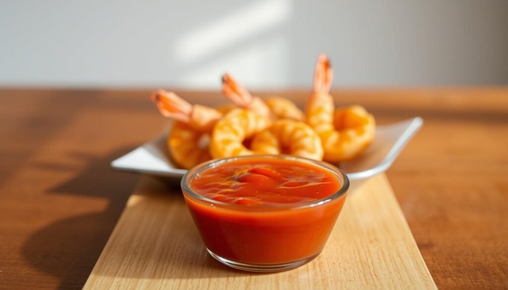 Serving cocktail sauce on a wooden surface, with a small bowl of the sauce in the foreground. The sauce has a deep, rich red color and a glossy sheen. In the middle ground, a pair of crisp, golden-brown fried shrimp are arranged, ready to be dipped into the sauce. The background features a neutral, minimalist setting with natural lighting casting a warm glow over the scene, emphasizing the appetizing presentation. Serving cocktail sauce on a wooden surface, with a small bowl of the sauce in the foreground. The sauce has a deep, rich red color and a glossy sheen. In the middle ground, a pair of crisp, golden-brown fried shrimp are arranged, ready to be dipped into the sauce. The background features a neutral, minimalist setting with natural lighting casting a warm glow over the scene, emphasizing the appetizing presentation.