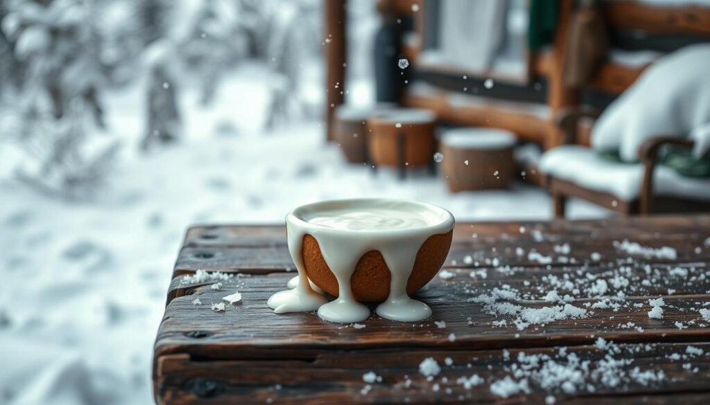 Snowy winter landscape with a rustic wooden table in the foreground. On the table, a small bowl of melting white cream, dripping and pooling around it. Scattered ice crystals and snowflakes drift through the air, a subtle wind blowing. The lighting is soft and diffused, creating a cozy, intimate atmosphere. The background is blurred, hinting at a cozy cabin or cottage setting. The overall scene conveys a sense of carelessness and mishap, the "snow cream mistakes" that can happen when trying to craft a warm, comforting treat. Snowy winter landscape with a rustic wooden table in the foreground. On the table, a small bowl of melting white cream, dripping and pooling around it. Scattered ice crystals and snowflakes drift through the air, a subtle wind blowing. The lighting is soft and diffused, creating a cozy, intimate atmosphere. The background is blurred, hinting at a cozy cabin or cottage setting. The overall scene conveys a sense of carelessness and mishap, the "snow cream mistakes" that can happen when trying to craft a warm, comforting treat.