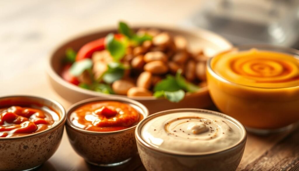 Spicy peanut sauce variations: a vibrant display of flavors. In the foreground, an array of small bowls showcasing different iterations - one with a fiery red chili-infused sauce, another with a creamy, nutty base, and a third with a zesty, aromatic blend. The middle ground reveals fragrant herbs, toasted peanuts, and a drizzle of rich sesame oil, creating depth and complexity. Soft, diffused lighting casts a warm, inviting glow, highlighting the alluring textures and colors. The background blurs, leaving the sauces as the central focus, beckoning the viewer to explore the nuanced taste profiles. This image captures the essence of peanut sauce versatility, perfectly complementing the cozy chili dish. Spicy peanut sauce variations: a vibrant display of flavors. In the foreground, an array of small bowls showcasing different iterations - one with a fiery red chili-infused sauce, another with a creamy, nutty base, and a third with a zesty, aromatic blend. The middle ground reveals fragrant herbs, toasted peanuts, and a drizzle of rich sesame oil, creating depth and complexity. Soft, diffused lighting casts a warm, inviting glow, highlighting the alluring textures and colors. The background blurs, leaving the sauces as the central focus, beckoning the viewer to explore the nuanced taste profiles. This image captures the essence of peanut sauce versatility, perfectly complementing the cozy chili dish.