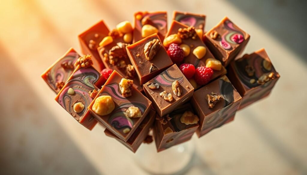 Sumptuous fantasy fudge variations, each a decadent delight - velvety chocolate infused with swirls of vibrant colors and unexpected flavors. Glistening chunks of toffee, tangy berries, and crunchy nuts scattered throughout, creating a visual feast. Backlit by warm, golden light, the fudge pieces cast long shadows, heightening the sense of depth and dimension. Captured from an overhead perspective, the arrangement appears to float ethereally against a softly blurred backdrop, evoking a dreamlike, magical quality. A symphony of textures and tastes, this fantastical fudge display captivates the senses and stirs the imagination. Sumptuous fantasy fudge variations, each a decadent delight - velvety chocolate infused with swirls of vibrant colors and unexpected flavors. Glistening chunks of toffee, tangy berries, and crunchy nuts scattered throughout, creating a visual feast. Backlit by warm, golden light, the fudge pieces cast long shadows, heightening the sense of depth and dimension. Captured from an overhead perspective, the arrangement appears to float ethereally against a softly blurred backdrop, evoking a dreamlike, magical quality. A symphony of textures and tastes, this fantastical fudge display captivates the senses and stirs the imagination.