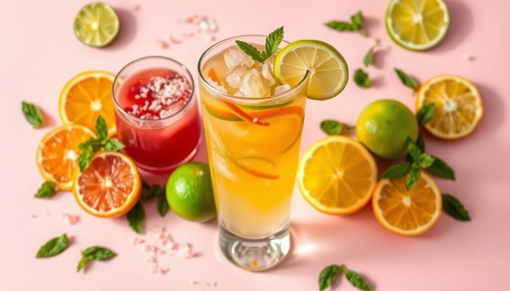 Vibrant and refreshing non-alcoholic cocktails float against a pastel pink background, adorned with delicate garnishes. A central glass displays an alluring, frosty beverage swirled with layers of fruit juices, sprinkled with a dusting of pink Himalayan salt. Surrounding the glass are an array of fresh limes, oranges, and sprigs of mint, casting warm, natural lighting. The overall scene exudes a sense of balance, health, and sophistication, offering enticing alternatives to sugary margaritas. Vibrant and refreshing non-alcoholic cocktails float against a pastel pink background, adorned with delicate garnishes. A central glass displays an alluring, frosty beverage swirled with layers of fruit juices, sprinkled with a dusting of pink Himalayan salt. Surrounding the glass are an array of fresh limes, oranges, and sprigs of mint, casting warm, natural lighting. The overall scene exudes a sense of balance, health, and sophistication, offering enticing alternatives to sugary margaritas.
