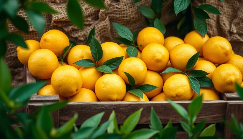 Vibrant lemons, freshly plucked, arranged in a rustic wooden crate against a backdrop of earthy textures. Soft, diffused lighting casts a warm, inviting glow, highlighting the rich, golden hues of the citrus fruits. The scene is framed by lush, verdant foliage, creating a natural, organic setting. Captured with a medium-wide angle lens, the composition emphasizes the abundance and appeal of the lemons, evoking a sense of culinary anticipation and the promise of a delectable limoncello. Vibrant lemons, freshly plucked, arranged in a rustic wooden crate against a backdrop of earthy textures. Soft, diffused lighting casts a warm, inviting glow, highlighting the rich, golden hues of the citrus fruits. The scene is framed by lush, verdant foliage, creating a natural, organic setting. Captured with a medium-wide angle lens, the composition emphasizes the abundance and appeal of the lemons, evoking a sense of culinary anticipation and the promise of a delectable limoncello.