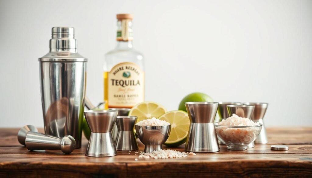 a high-quality close-up photograph of a collection of essential margarita-making tools arranged on a rustic wooden surface, with a bright, natural lighting and a clean, simple background. The foreground features a silver cocktail shaker, a lime juicer, a salt rimmer, and a set of measuring jiggers in varying sizes. The middle ground includes a bottle of tequila, a wedge of lime, and a salt cellar filled with pink Himalayan salt. The background is blurred, creating a soft, atmospheric mood that complements the classic margarita theme. The overall composition is visually appealing, highlighting the tools in an organized and inviting manner. a high-quality close-up photograph of a collection of essential margarita-making tools arranged on a rustic wooden surface, with a bright, natural lighting and a clean, simple background. The foreground features a silver cocktail shaker, a lime juicer, a salt rimmer, and a set of measuring jiggers in varying sizes. The middle ground includes a bottle of tequila, a wedge of lime, and a salt cellar filled with pink Himalayan salt. The background is blurred, creating a soft, atmospheric mood that complements the classic margarita theme. The overall composition is visually appealing, highlighting the tools in an organized and inviting manner.