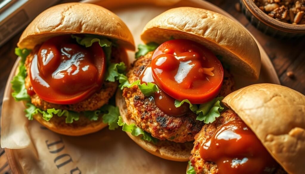 ground chicken burgers, crisp golden brown patties with a juicy interior, served on soft brioche buns, topped with fresh lettuce, tomato, and a tangy homemade sauce, shot from an overhead angle with natural lighting, capturing the texture and layers of the burger in a warm, inviting atmosphere, highlighting the rich, savory flavors and artisanal presentation of this creative take on a classic dish ground chicken burgers, crisp golden brown patties with a juicy interior, served on soft brioche buns, topped with fresh lettuce, tomato, and a tangy homemade sauce, shot from an overhead angle with natural lighting, capturing the texture and layers of the burger in a warm, inviting atmosphere, highlighting the rich, savory flavors and artisanal presentation of this creative take on a classic dish
